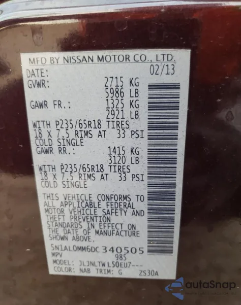 2013 Infiniti Jx35 from USA, damaged, VIN 5N1AL0MM6DC340505